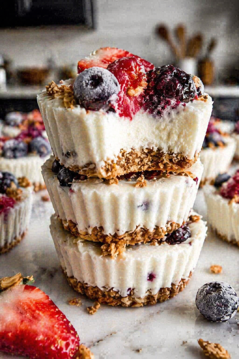 Three high protein frozen yogurt granola cups stacked on a marble counter, topped with strawberries, blueberries, and blackberries with a crunchy oat granola base.
